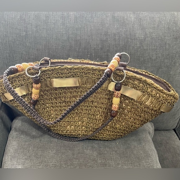 Unbranded Elegant olive greenMetallic Gold Woven Women's straw Beach bag - Picture 2 of 10